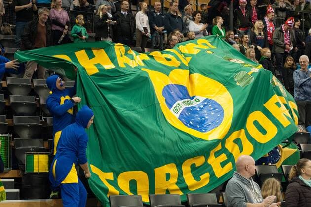 GER IHF World Cup 2017 Russia RUS vs Brazil BRA 05 12 2017 EWE Arena Oldenburg Germany 23 IHF World Championship 2017 Women first round Group C Russia vs Brazil in picture Before the game with the flag the Brazil fans BRA fans Nordphotox xRojahn nph00300