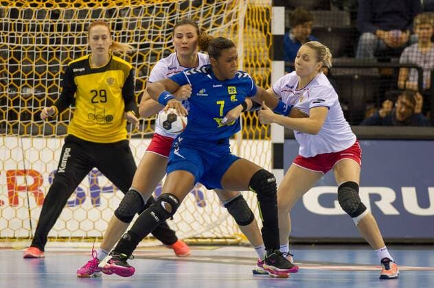 Mayi Petrova Russia Russia 70 Tamires Araujo Brazil Brazil 7 and Daria Dmitrieva Russia Russia 7 Handball Women World Cup Russia Brazil xobx