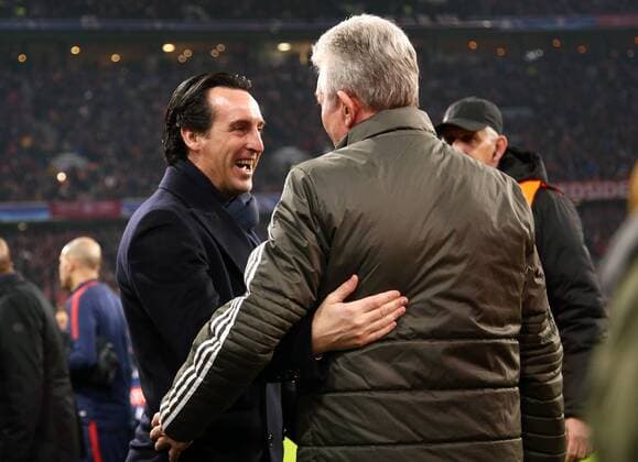 Coach Unai Emery Manager Joseph Jupp Heynckes Welcome before start of the game Sports Football Soccer UEFA CL Championsleague Mens Season 2017 2018 05 12 2017 FC Bayern Munich FCB vs Paris St Germain PSG