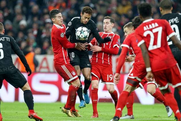 In action with James Rodriguez 11 Bayern Munich Neymar 10 Paris Saint Germain and Sebastian Rudy 19 Bayern Munich Joshua Kimmich 32 Bayern Munich Muenchen vs Paris Saint Germain Soccer Preliminary Round Champions League 05 12 2017 Muenchen Bayern Germany Copyright: xkolbert-press ChristianxKolbertx