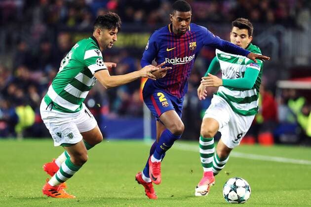FC Barcelona Barca s Portuguese defender Nelson Semedo (C) vies for the ball with Sporting Lisboa s Alan Ruiz (L) and Bruno Fernandes (R) during the UEFA Champions League 6th round groups phase match between FC Barcelona and Sporting Lisboa at the Camp Nou stadium in Barcelona, Catalonia, Spain, 05 December 2017. FC Barcelona vs. Sporting Lisboa !ACHTUNG: NUR REDAKTIONELLE NUTZUNG!  Copyright: xAlejandroxGarciax UEF001 20171205-636481050502131817