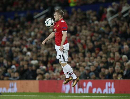 Luke Shaw of Manchester United ManU jumps up and chests the ball during the Champions League Group A match at the Old Trafford, Manchester. Picture date: December 5th 2017. Picture credit should read: Andrew Yates Sportimage EDITORIAL USE ONLY. No use with unauthorised audio, video, data, fixture lists, club league logos or live services. Online in-match use limited to 120 images, no video emulation. No use in betting, games or single club league player publications.