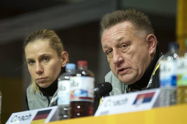 Handball World Championship Women Preliminary Group D Germany Serbia 05 12 2017 National coach Michael Biegler DHB and goalkeeper Katja Kramarczyk li at the press conference Leipzig Saxony Germany