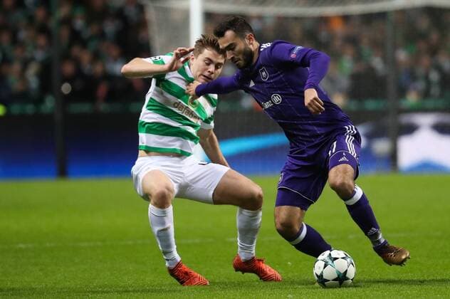 Celtic s James Forrest and Anderlecht s Ivan Obradovic fight for the ball during a soccer game between Scottish team Celtic FC and Belgian club RSC Anderlecht, Tuesday 05 December 2017 in Glasgow, Scotland, the sixth and last game in the group stage of the UEFA Champions League competition. VIRGINIExLEFOUR  x05214437x