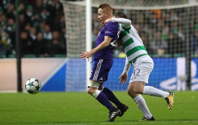 Anderlecht s Adrien Trebel and Celtic s Callum McGregor fight for the ball during a soccer game between Scottish team Celtic FC and Belgian club RSC Anderlecht, Tuesday 05 December 2017 in Glasgow, Scotland, the sixth and last game in the group stage of the UEFA Champions League competition. VIRGINIExLEFOUR  x05214449x