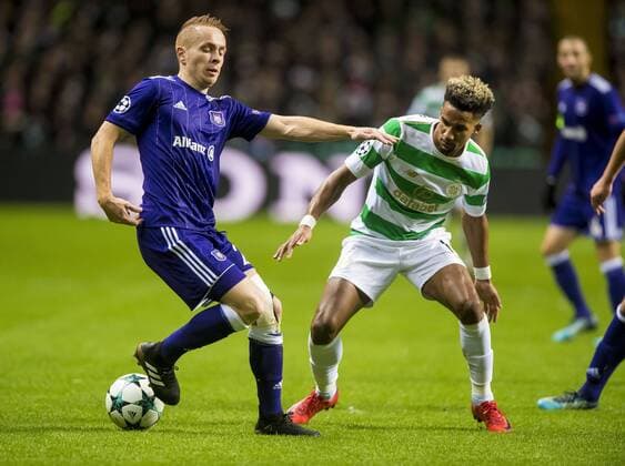 Adrien Trebel of RSC Anderlecht and Scott Sinclair of Celtic compete for the ball during the Champions League Group B match at the Celtic Park, Glasgow. Picture date: December 5th 2017. Picture credit should read: Craig Watson Sportimage EDITORIAL USE ONLY. No use with unauthorised audio, video, data, fixture lists, club league logos or live services. Online in-match use limited to 120 images, no video emulation. No use in betting, games or single club league player publications.