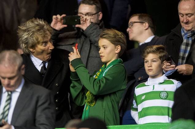 Rod Stewart with his kids during the Champions League Group B match at the Celtic Park, Glasgow. Picture date: December 5th 2017. Picture credit should read: Craig Watson Sportimage EDITORIAL USE ONLY. No use with unauthorised audio, video, data, fixture lists, club league logos or live services. Online in-match use limited to 120 images, no video emulation. No use in betting, games or single club league player publications.