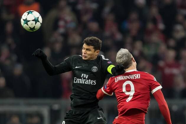 Munich Germany 05 12 2017 UEFA Champions League 2017 18 Season Group Stage Group B 6 Matchday FC Bayern Munich Paris Saint Germain Thiago Silva PSG and Robert Lewandowski FCB in action DeFodi048