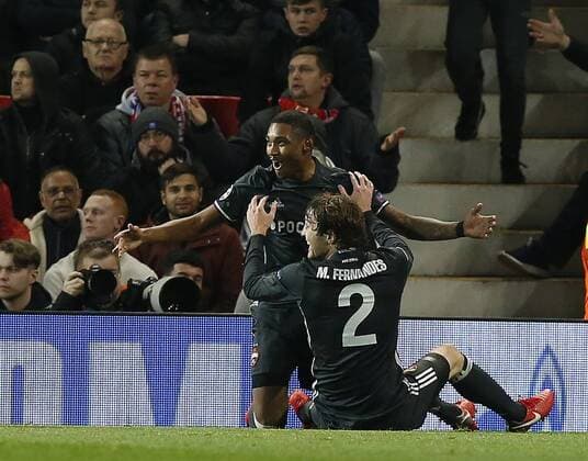 Vitinho of CSKA Moscow celebrates scoring the first goal during the Champions League Group A match at the Old Trafford, Manchester. Picture date: December 5th 2017. Picture credit should read: Andrew Yates Sportimage EDITORIAL USE ONLY. No use with unauthorised audio, video, data, fixture lists, club league logos or live services. Online in-match use limited to 120 images, no video emulation. No use in betting, games or single club league player publications.