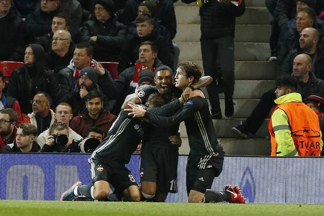 Vitinho of CSKA Moscow (c) celebrates scoring the first goal during the Champions League Group A match at the Old Trafford, Manchester. Picture date: December 5th 2017. Picture credit should read: Andrew Yates Sportimage EDITORIAL USE ONLY. No use with unauthorised audio, video, data, fixture lists, club league logos or live services. Online in-match use limited to 120 images, no video emulation. No use in betting, games or single club league player publications.