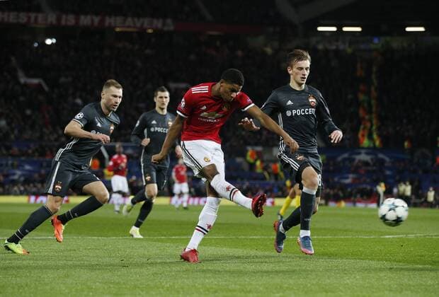 Marcus Rashford of Manchester United ManU takes a shot on goal which was saved during the Champions League Group A match at the Old Trafford, Manchester. Picture date: December 5th 2017. Picture credit should read: Andrew Yates Sportimage EDITORIAL USE ONLY. No use with unauthorised audio, video, data, fixture lists, club league logos or live services. Online in-match use limited to 120 images, no video emulation. No use in betting, games or single club league player publications.