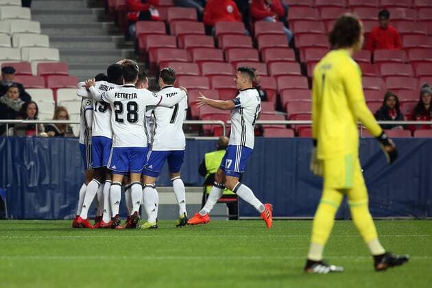December 5, 2017 - Lisbon, Portugal - Basel s midfielder Mohamed Elyounoussi from Norway celebrates with teammates after scoring during the UEFA Champions League Group A football match between SL Benfica and FC Basel at the Luz stadium in Lisbon, Portugal on December 5, 2017. Photo: UEFA Champions League group A football match SL Benfica vs FC Basel - ZUMAf123 20171205_zap_f123_001 Copyright: xPedroxFiuzax