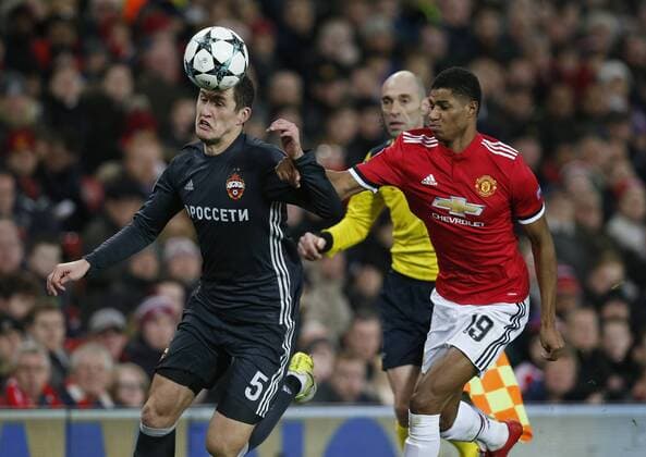Viktor Vasin of CSKA Moscow chased by Marcus Rashford of Manchester United ManU during the Champions League Group A match at the Old Trafford, Manchester. Picture date: December 5th 2017. Picture credit should read: Andrew Yates Sportimage EDITORIAL USE ONLY. No use with unauthorised audio, video, data, fixture lists, club league logos or live services. Online in-match use limited to 120 images, no video emulation. No use in betting, games or single club league player publications.