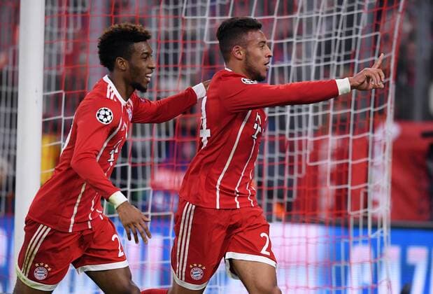 FOOTBALL CHAMPIONS LEAGUE SEASON 2017 2018 GROUP PHASE FC Bayern Muenchen Paris Saint Germain 05 12 2017 Corentin Tolisso rejoys his goal for 2 0 with Kingsley Coman li both Bayern Munich Muenchen