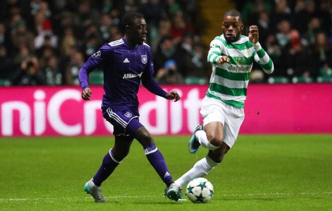 Anderlecht s Dennis Appiah and Celtic s Olivier Ntcham fight for the ball during a soccer game between Scottish team Celtic FC and Belgian club RSC Anderlecht, Tuesday 05 December 2017 in Glasgow, Scotland, the sixth and last game in the group stage of the UEFA Champions League competition. VIRGINIExLEFOUR  x05214455x