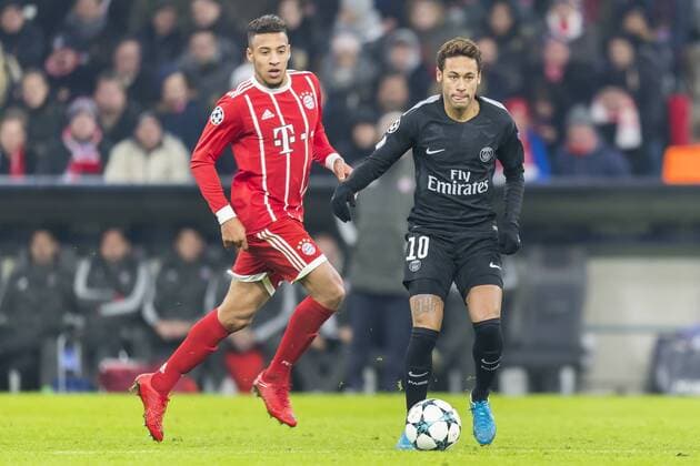GER UEFA CL Bayern Muenchen GER vs Paris Saint Germain FRA 05 12 2017 Allianz Arena Muenchen GER UEFA CL Bayern Muenchen GER vs Paris Saint Germain FRA Group B pictured Corentin Tolisso FCB 24 with Neymar PSG 10 nordphotox xStraubmeier nph00004