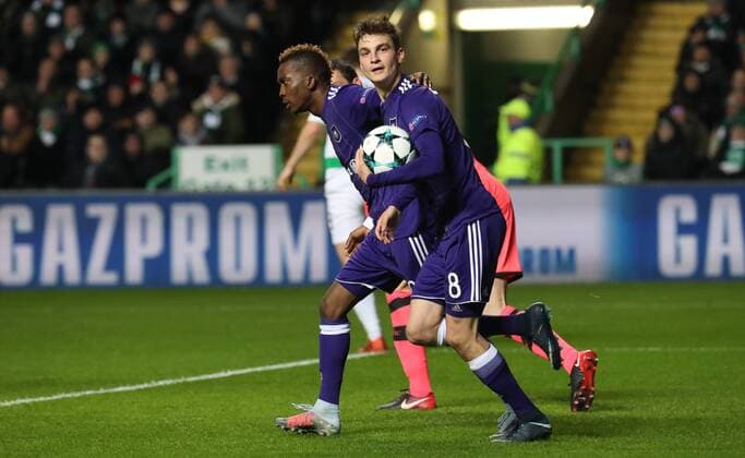 Anderlecht s Pieter Gerkens celebrates during a soccer game between Scottish team Celtic FC and Belgian club RSC Anderlecht, Tuesday 05 December 2017 in Glasgow, Scotland, the sixth and last game in the group stage of the UEFA Champions League competition. VIRGINIExLEFOUR  x05214465x