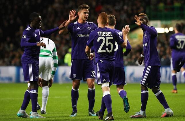Anderlecht s Pieter Gerkens celebrates during a soccer game between Scottish team Celtic FC and Belgian club RSC Anderlecht, Tuesday 05 December 2017 in Glasgow, Scotland, the sixth and last game in the group stage of the UEFA Champions League competition. VIRGINIExLEFOUR  x05214461x