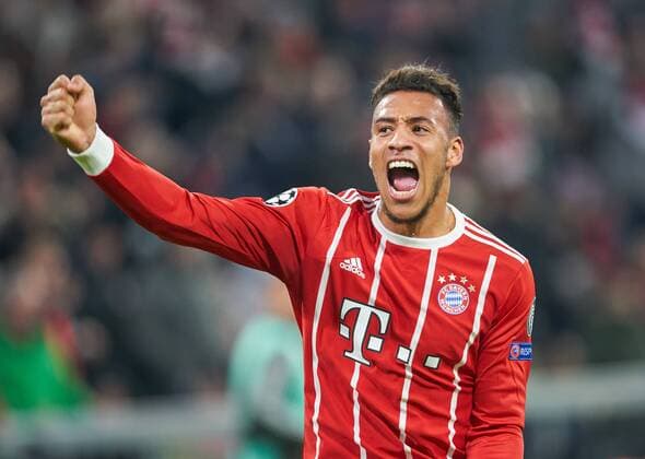 Corentin TOLISSO FCB 24 Shot on target shoots the gate to the 3 1 goal celebrations cheering for the cheering jubilation rejoices joy emotions celebration laughter rejoices joy rips his arms up clenched his fist FC BAYERN MUENCHEN PARIS SG Group stage return match Football UEFA Champions League Munich 05 12 2017 CL season 2017 2018 FCB SG Paris
