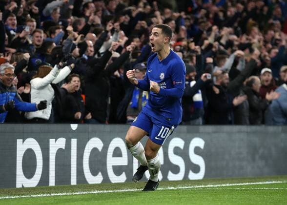 5th December 2017, Stamford Bridge, London, England; UEFA Champions League football, Chelsea versus Atletico Madrid; Eden Hazard of Chelsea celebrates after pressuring Savic into an own goal in the 72nd minute to make it 1-1  ActionPlus11959310