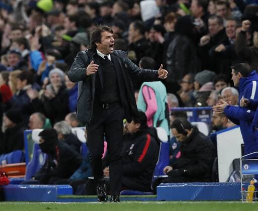 Antonio Conte manager of Chelsea celebrates the equalising goal during the Champions League Group C match at the Stamford Bridge, London. Picture date: December 5th 2017. Picture credit should read: David Klein Sportimage EDITORIAL USE ONLY. No use with unauthorised audio, video, data, fixture lists, club league logos or live services. Online in-match use limited to 120 images, no video emulation. No use in betting, games or single club league player publications.