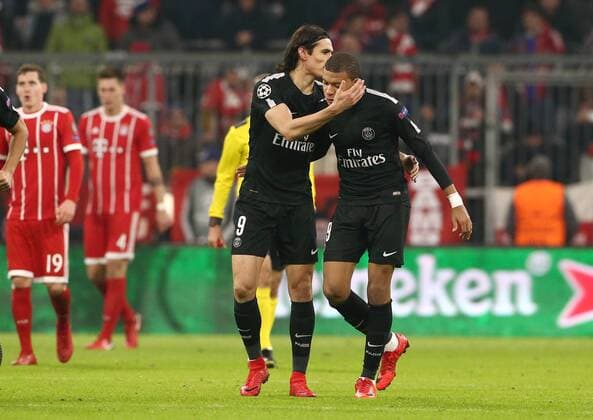 Adrien Rabiot Kylian Mbappe 1 2 Joy Emotion Cheering Jubilation after 1 2 Sports Football Soccer UEFA CL Championsleague Mens Season 2017 2018 05 12 2017 Bayern Munich FCB vs Paris St Germain PSG