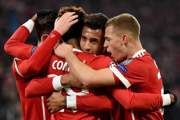 Goalscorer Corentin Tolisso FC Bayern Muenchen Jubilee and Joy at Joshua Kimmich FC Bayern Muenchen Sebastian Rudy FC Bayern Muenchen and Kingsley Coman FC Bayern Munich Germany Muenchen Sport Soccer UEFA Champions League Matchday 6 FC Bayern Muenchen vs Paris Saint Germain on 05 12 2017 Allianz Arena