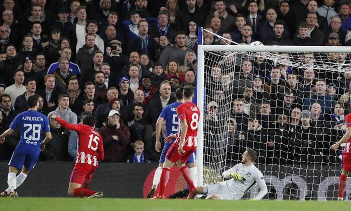 Chelsea score through an own goal by Savic during the Champions League Group C match at the Stamford Bridge, London. Picture date: December 5th 2017. Picture credit should read: David Klein Sportimage EDITORIAL USE ONLY. No use with unauthorised audio, video, data, fixture lists, club league logos or live services. Online in-match use limited to 120 images, no video emulation. No use in betting, games or single club league player publications.