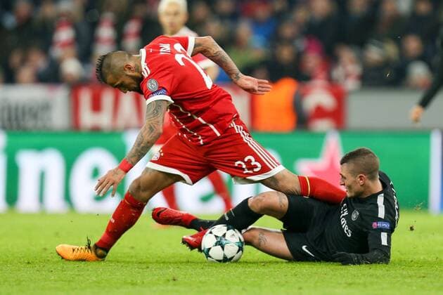 In action with Arturo Vidal 23 FC Bayern Muenchen and Marco Verratti 6 Paris Saint Germain FC Bayern Munich vs Paris Saint Germain Football Preliminary Round Champions League 05 12 2017 Munich Bavaria Germany Copyright: xkolbert-press ChristianxKolbertx