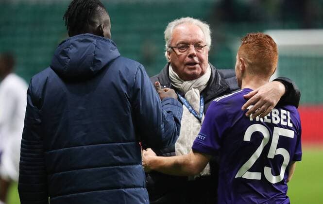 Anderlecht s Kara Mbodji, Anderlecht chairman Roger Vanden Stock and Anderlecht s Adrien Trebel pictured after a soccer game between Scottish team Celtic FC and Belgian club RSC Anderlecht, Tuesday 05 December 2017 in Glasgow, Scotland, the sixth and last game in the group stage of the UEFA Champions League competition. VIRGINIExLEFOUR  x05214513x
