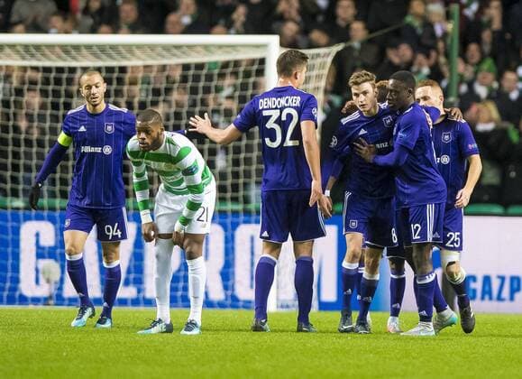 Pieter Gerkens of RSC Anderlecht celebrates the goal during the Champions League Group B match at the Celtic Park, Glasgow. Picture date: December 5th 2017. Picture credit should read: Craig Watson Sportimage EDITORIAL USE ONLY. No use with unauthorised audio, video, data, fixture lists, club league logos or live services. Online in-match use limited to 120 images, no video emulation. No use in betting, games or single club league player publications.