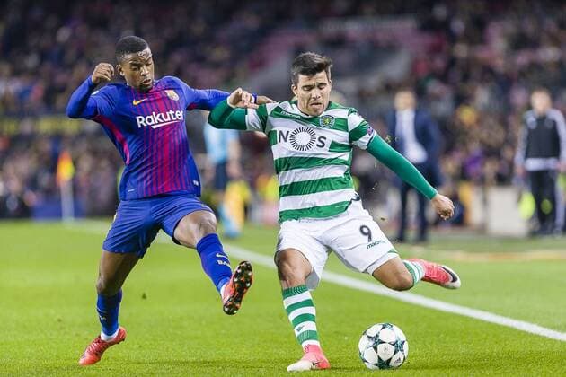 SPAIN - Dec,5th: Sporting CP midfielder Marcos Acuna (9) and FC Barcelona Barca defender Nelson Semedo (2) during the match between FC Barcelona - Sporting CP, for the group stage, round 1 of the Champions League, held at Camp Nou Stadium on 5th December 2017 in Barcelona, Spain. (Credit: Mikel Trigueros Urbanandsport Cordon Press)  xCordonxPressx xSPAINx-xFCxBarcelonax-xSportingxCPx-xxChampionsxLeaguex-x2017 18x