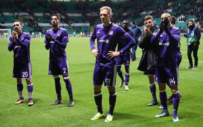 Anderlecht s Lukasz Teodorczyk and Anderlecht s Sofiane Hanni look dejected after a soccer game between Scottish team Celtic FC and Belgian club RSC Anderlecht, Tuesday 05 December 2017 in Glasgow, Scotland, the sixth and last game in the group stage of the UEFA Champions League competition. VIRGINIExLEFOUR  x05214527x