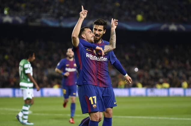 BARCELONA, 05-12-2017. Champions League 2017 2018. Barcelona 2-0 Sporting Portugal. Paco Alcacer of FC Barcelona Barca celebrates his goal with Andre Gomes. Barcelona - Sporting Portugal  x1847687x