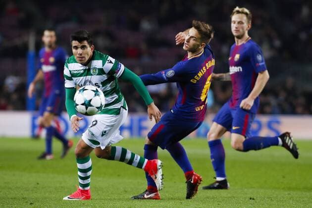 5th December 2017, Camp Nou, Barcelona, Spain; UEFA Champions League football, FC Barcelona Barca versus Sporting Lisbon; Denis Suarez of FC Barcelona sees the ball put out of play by Sportings Acu& xf1;a  ActionPlus11959382