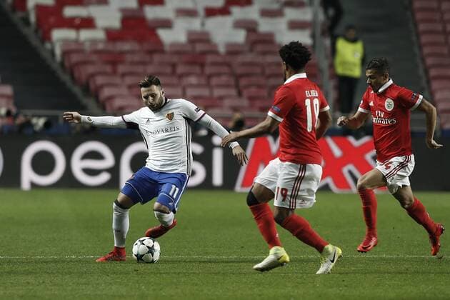 December 5, 2017 - Lisbon, Portugal - Basel s midfielder Renato Steffen (L) vies for the ball with Benfica s defender Eliseu (C) and Benfica s forward Diogo Goncalves (R) during Champions League 2017 18 match between SL Benfica vs FC Basel, in Lisbon, on December 5, 2017. SL Benfica vs FC Basel - Champions League.FBL-EUR-C1-BENFICA-BASEL  - ZUMAn230 20171205_zaa_n230_421 Copyright: xCarlosxPalmax