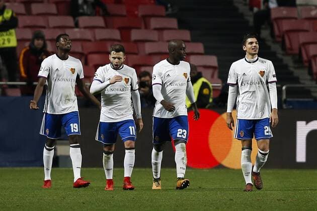 December 5, 2017 - Lisbon, Portugal - Basel s forward Dimitri Oberlin (L) celebrates his goal with Basel s midfielder Renato Steffen, Basel s defender Eder Balanta and Basel s defender Raoul Petretta (R) during Champions League 2017 18 match between SL Benfica vs FC Basel, in Lisbon, on December 5, 2017. SL Benfica vs FC Basel - Champions League.FBL-EUR-C1-BENFICA-BASEL  - ZUMAn230 20171205_zaa_n230_441 Copyright: xCarlosxPalmax