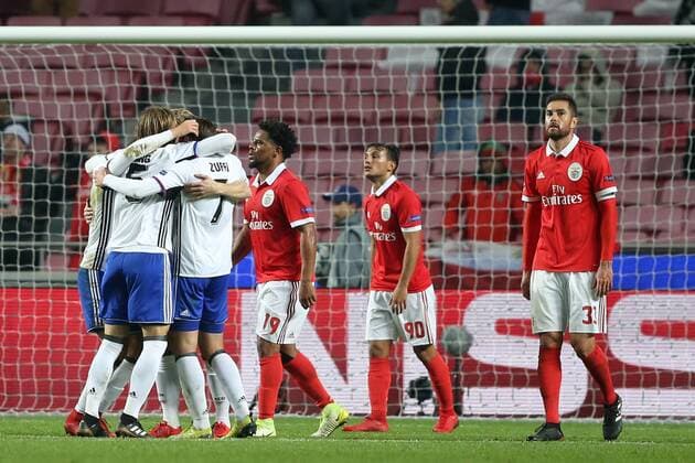 December 5, 2017 - Lisbon, Portugal - Basel s players celebrate the victory after the UEFA Champions League Group A football match between SL Benfica and FC Basel at the Luz stadium in Lisbon, Portugal on December 5, 2017. SL Benfica v FC Basel - UEFA Champions League  - ZUMAn230 20171205_zaa_n230_413 Copyright: xPedroxFiuzax