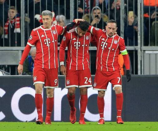 (171206) -- MUNICH, Dec. 6, 2017 -- Corentin Tolisso (C) celebrates scoring with Robert Lewandowski(L) and Franck Ribery of Bayern Munich during a UEFA Champions League group B match between Bayern Munich and Paris Saint-Germain in Munich, Germany, Dec. 5, 2017. Bayern won 3-1. ) (SP)GERMANY-MUNICH-CHAMPIONS LEAGUE-BAYERN-PSG PhilippexRuiz 