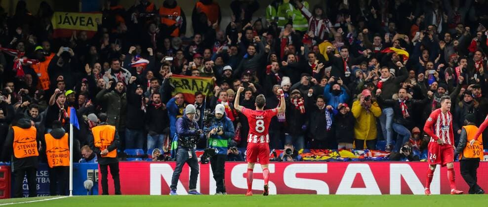 (171206) -- LONDON, Dec. 6, 2017 -- Saul Niguez of Atletico Madrid celebrates after scoring during the UEFA Champions League Group C match between Chelsea and Atletico Madrid at Stamford Bridge in London, Britain on Dec. 5, 2017. The match drew 1-1. ) (SP)BRITAIN-LONDON-FOOTBALL-UEFA CHAMPIONS LEAGUE-CHELSEA VS ATLETICO MADRID RichardxWashbrooke 