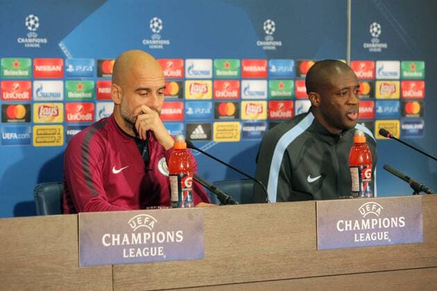 Head coach of Manchester City FC Josep Guardiola (L) and midfielder Yaya Toure attend a pre-match news conference ahead of the UEFA Champions League Group F match against FC Shakhtar Donetsk, Kharkiv, northeastern Ukraine, December 5, 2017. Ukrinform. KHARKIV. Head coach of Manchester City FC Josep Guardiola has held a pre-match news conference ahead of the UEFA Champions League Group F match against FC Shakhtar Donetsk at Kharkiv s Metalist Stadium. The visitors also invited the press to an open training session. Manchester City to meet Shakhtar in Kharkiv  Copyright: xVyacheslavxMadiyevskyyx