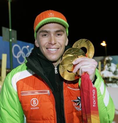 Michael Greis with 3 gold medals taken in San Sicario on 25 02 2006 biathlon Olympic Games 2006 San Sicario, Italy