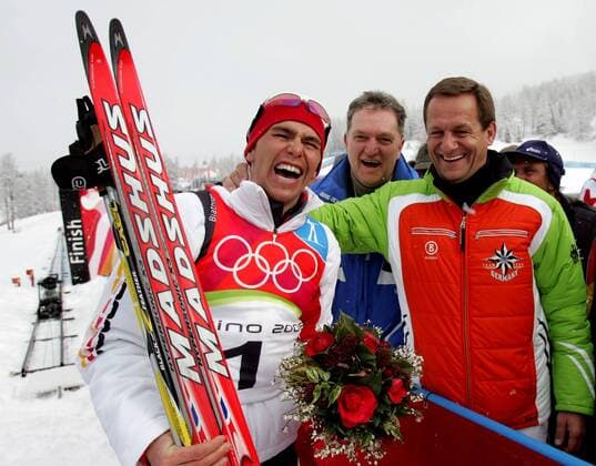 Michael Greis with DSV President Alfos Hörmann was taken in San Sicario on 25 02 2006 biathlon Olympic Games 2006 San Sicario, Italy