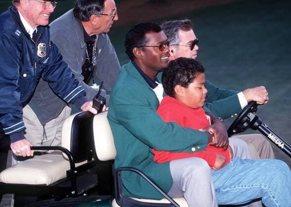 Vijay Singh WINS 2000 MASTERS here with his son on em way to the press conference in Augusta Georgia U S A