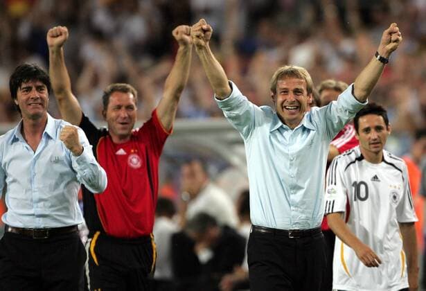 Huge cheers after goal Schweinsteiger left Joachim Löw Andreas Köpcke and Jürgen Klinsmann recorded during the World Cup match Germany Portugal 08 07 2006 in Stuttgart Stuttgart Germany