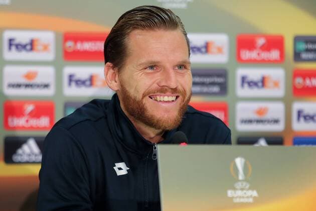 Eugen Polanski Hoffenheim 8 at the Press Conference PK Press Conference Press Date Media Event Single Action Action Portrait Portrait Joy cheerful happy radiant optimistic Football UEFA Europa League MD 1 TSG 1899 Hoffenheim PFK Ludogorez Razgrad 1945 xozx
