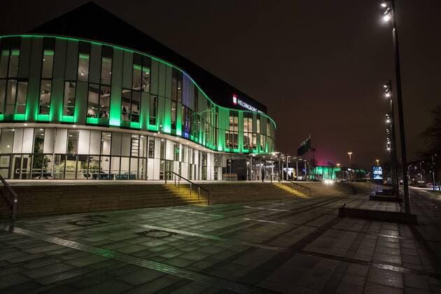 171206 Helsingborg arena and in the background, Olympia is illuminated in green before a handball match in the Handball league between OV Helsingborg and Kristianstad on December 6, 2017 in Helsingborg  Copyright: MATHILDAxAHLBERG BB171206MA002