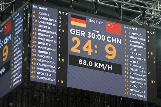 Womens Handball World Championship 2017 Preliminary Group D Germany China 06 12 2017 The final score on a scoreboard 24 9 Leipzig Saxony Germany