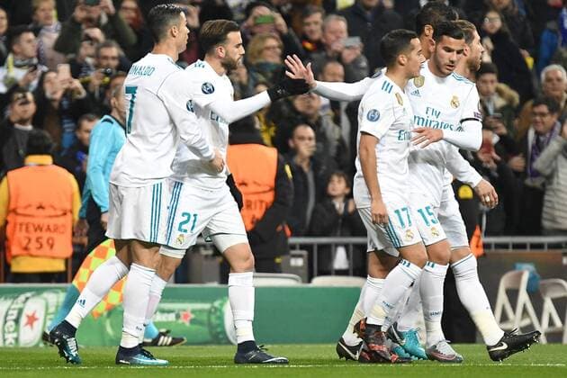 Real Madrid v Borussia Dortmund UEFA Champions League Borja Mayoral of Real Madrid (l2nd left) celebrates scoring their first goal to make it Real Madrid 1 Borussia Dortmund 0 during the UEFA Champions League match at the Estadio Santiago Bernabeu, Madrid Content Not Available For UK Newspapers Copyright: xKristianxKanex FIL-11059-0011
