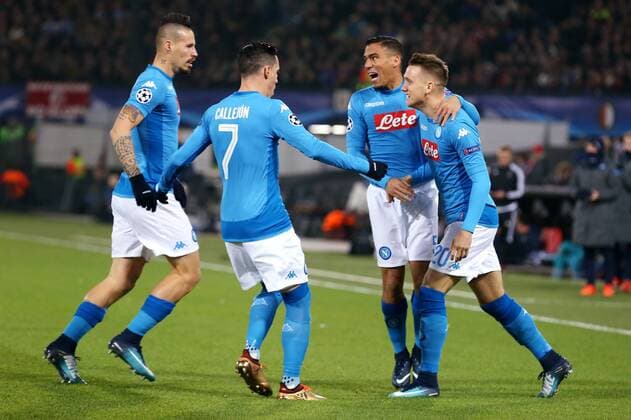 (l-r) Marek Hamsik of SSC Napoli, Jose Callejon of SSC Napoli, Allan Marques Loureiro of SSC Napoli, Piotr Zielinski of SSC Napoli during the UEFA Champions League group F match between Feyenoord Rotterdam and SSC Napoli at the Kuip on December 06, 2017 in Rotterdam, The Netherlands UEFA Champions League 2017 2018 xVIxVIxImagesx xTomxBodexMultimediaxIVx 9501456